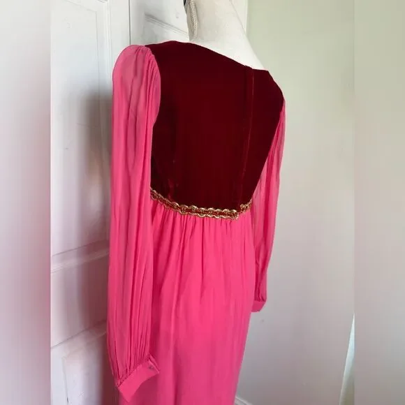 1970s Fuchsia Pink and Red Velvet Holiday Cottagecore Maxi Dress - Picture 10 of 15